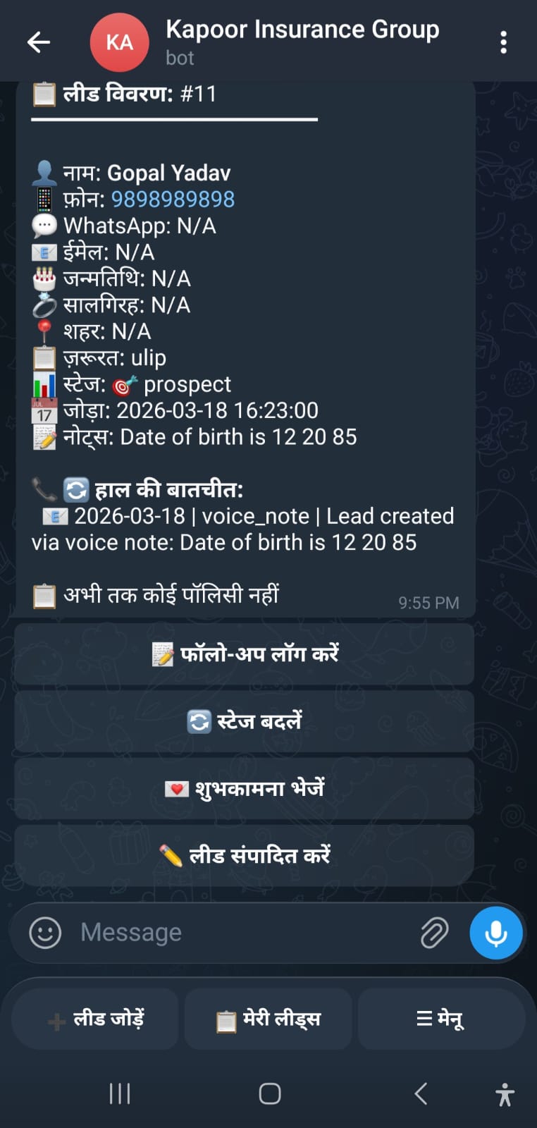 Telegram Bot - Lead Created via Voice